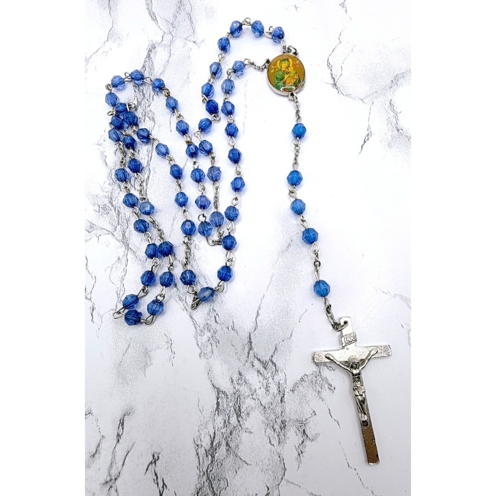 Vintage Blue Glass‎ Bead Rosary 28" Silver Tone Crucifix Catholic Prayer Beads